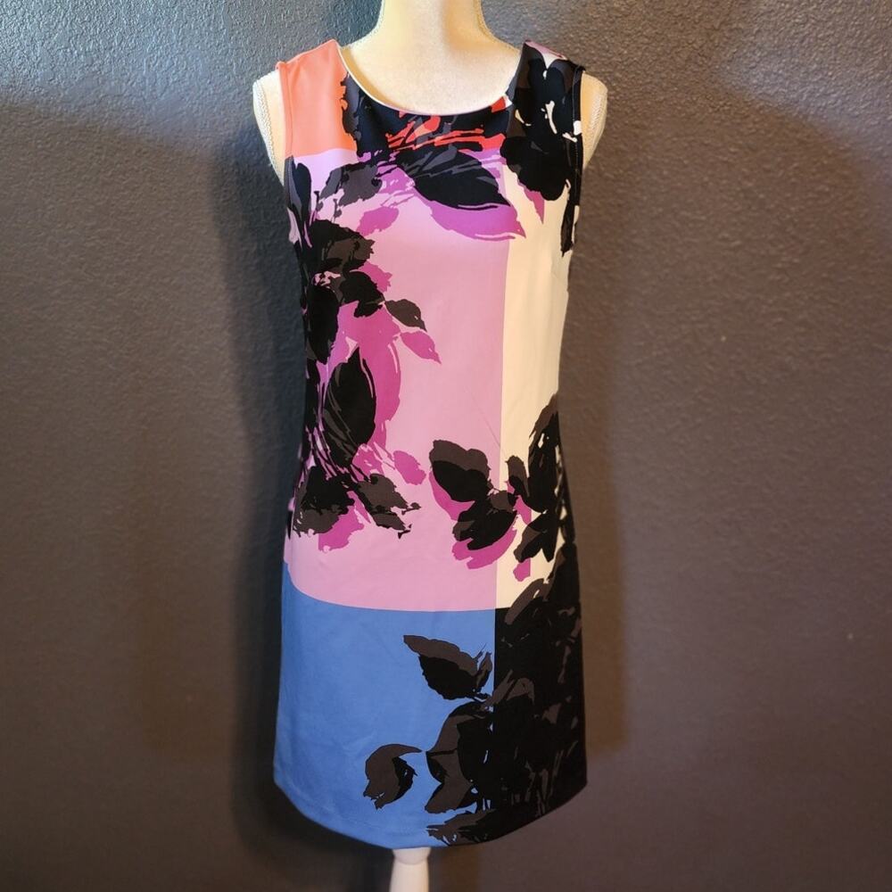 Worthington Women's Sleeveless Sheath Color Block Dress Floral Multicolor Small